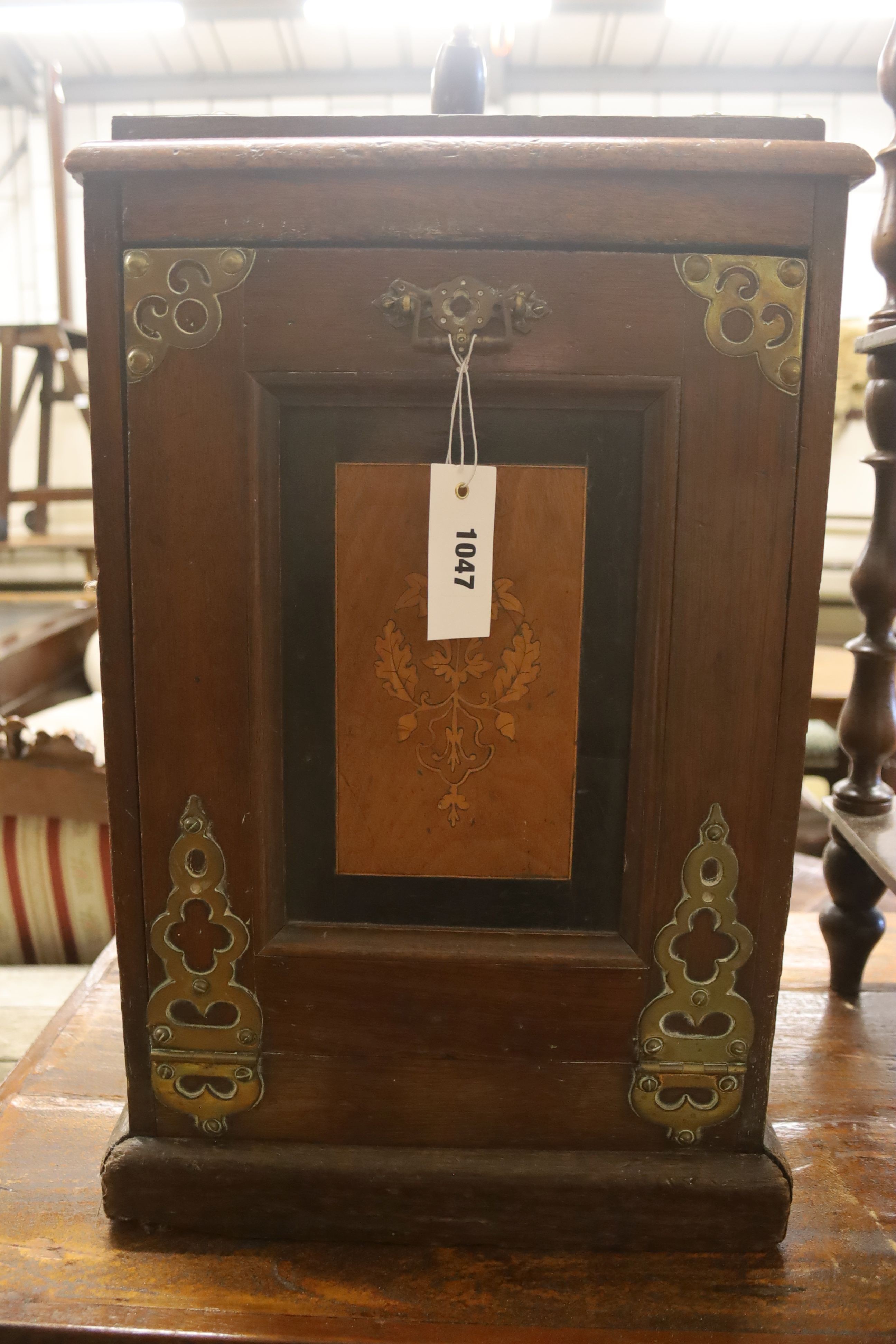 A late Victorian brass mounted inlaid mahogany coal purdonium and scoop, width 32cm, depth 32cm, height 51cm